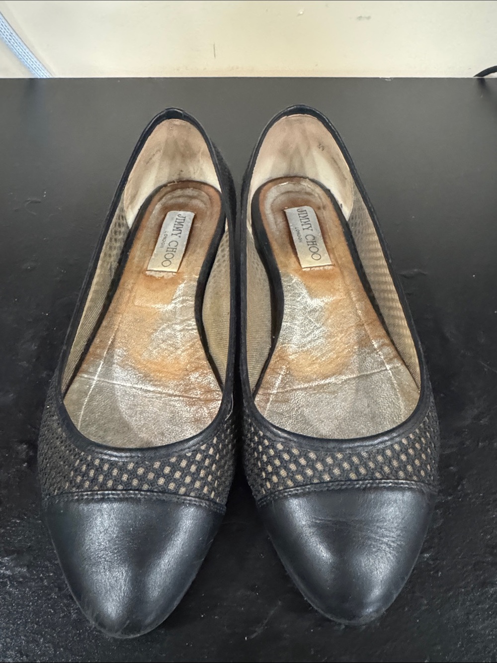 Jimmy Choo Black Mesh and Leather Pointed Ballet Flats